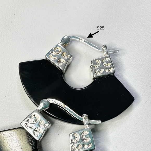 David Sigal Sterling Silver Onyx Hoop Earrings Designer Basket Drop - Picture 3 of 6